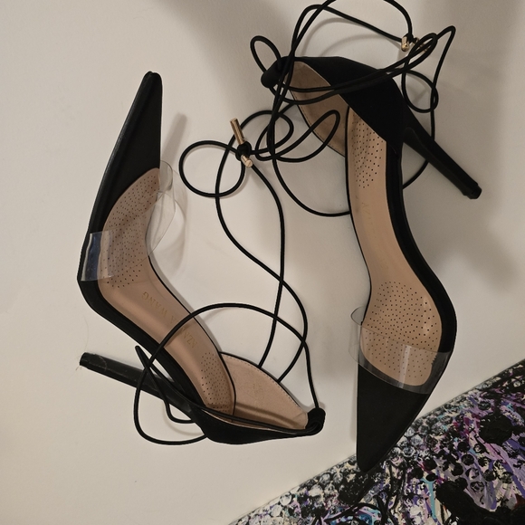 AZALEA WANG Black With Cleae Vinyl Toe Strap High Heels Ankle Wrap Strap 7.5 - Picture 14 of 17